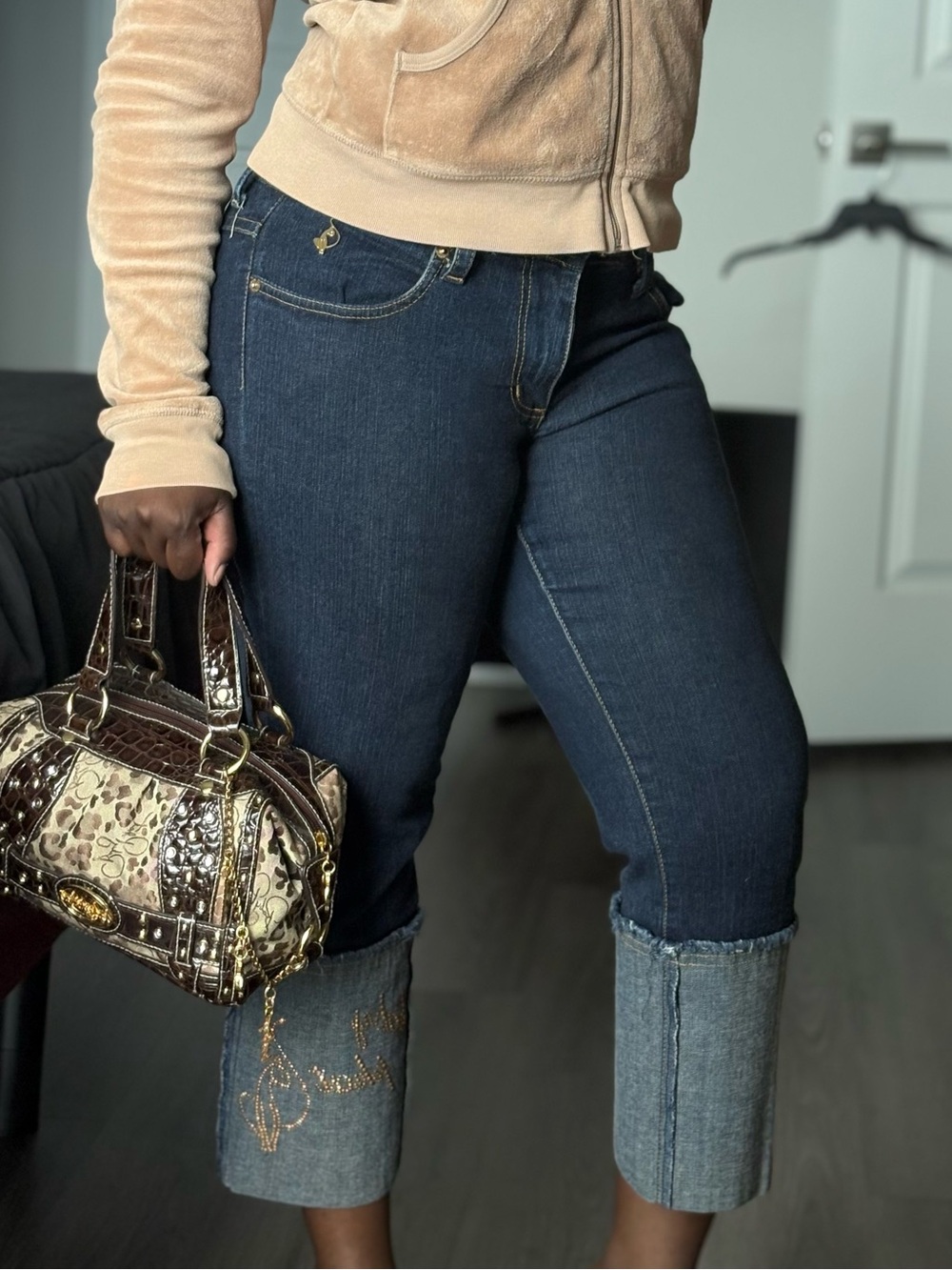 Y2K Baby Phat Dark Blue Cropped Jeans with Cuffed Hem